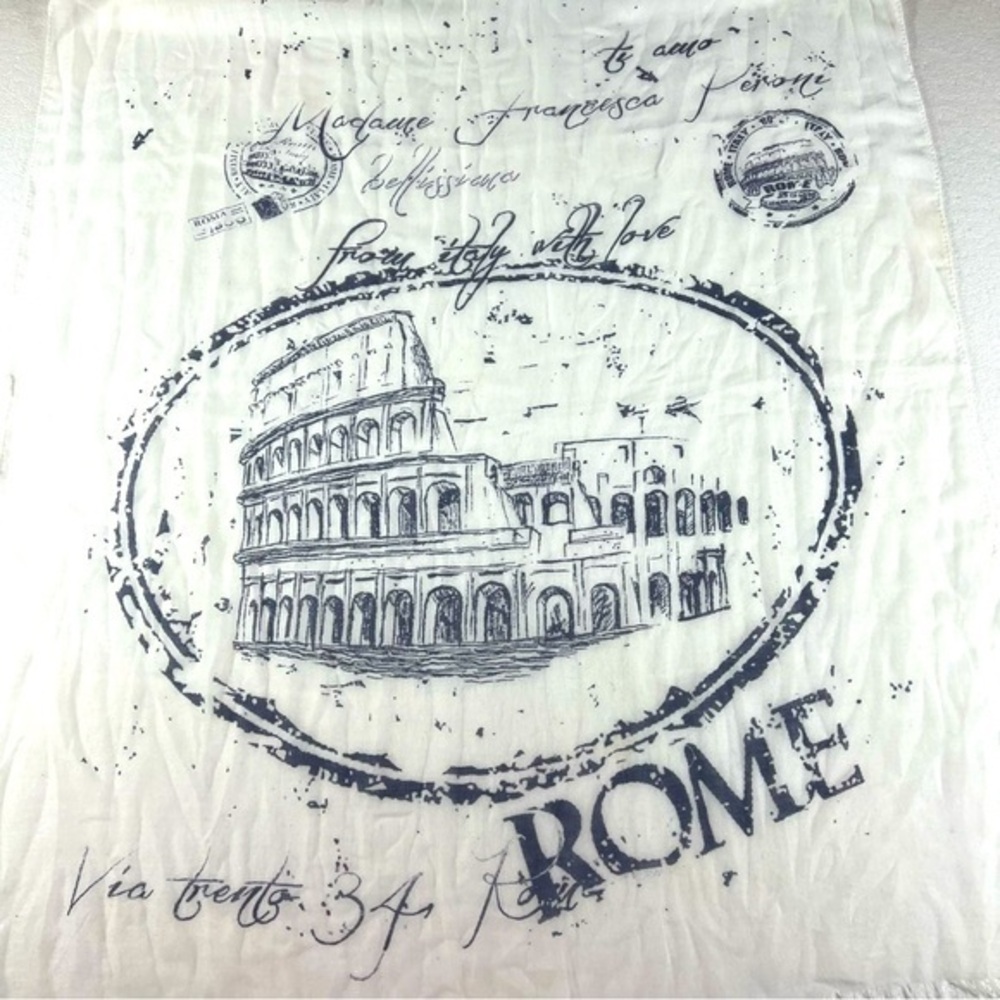 White & Blue Sheer Scarf with Rome‎ Italy Details, Fringed Ends